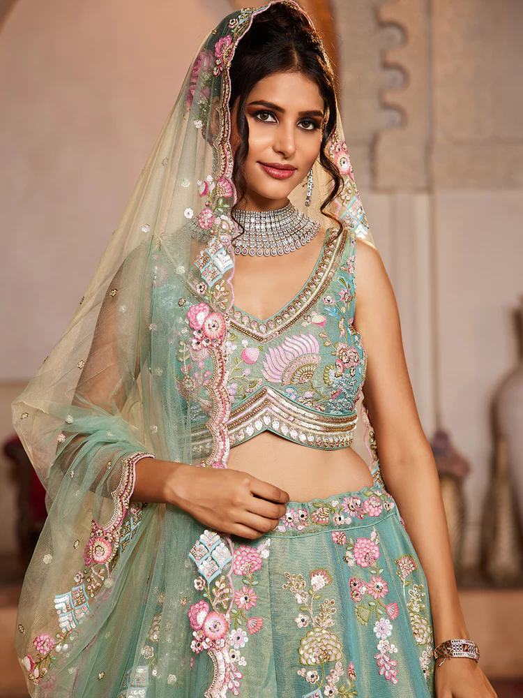 SEAGREEN - Net Fabric Sequinse Embroidery Semi-Stitched Lehenga Choli & Dupatta - Image 5